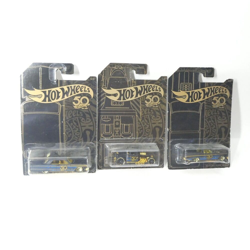 Hot Wheels 50th Anniversary Black & Gold Lot 3 Cars Ranchero Bone Shaker Impala